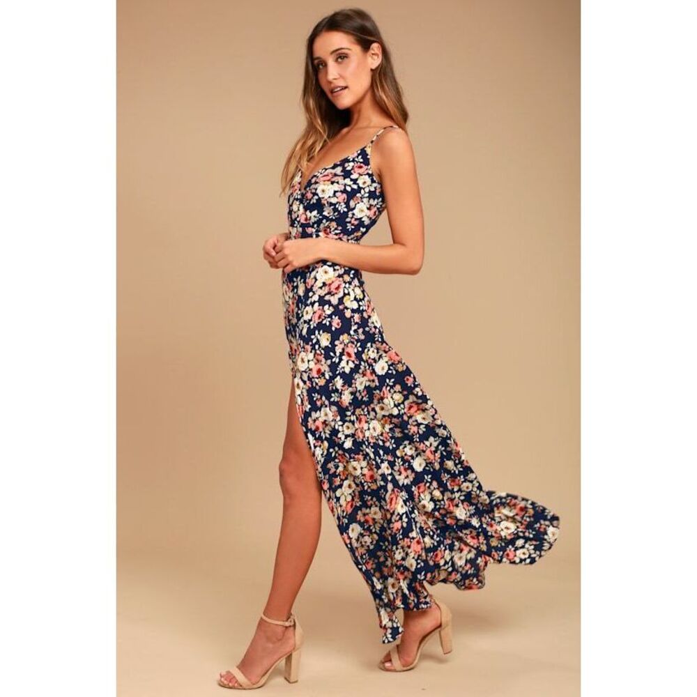 Lulus Everlasting Bliss Navy Blue Floral Print Maxi Dress - Size S
